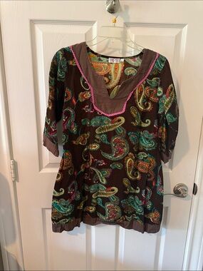 Funky People Brown Paisley Tunic with Teal and Pink Accents fits like a small